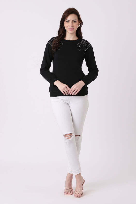 Black Solid Round Neck Top, Black, image 3